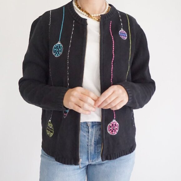 Vintage Craft & Barrow Black Knit Embroidered Beaded Ornaments Holiday Sweater M - Picture 2 of 11